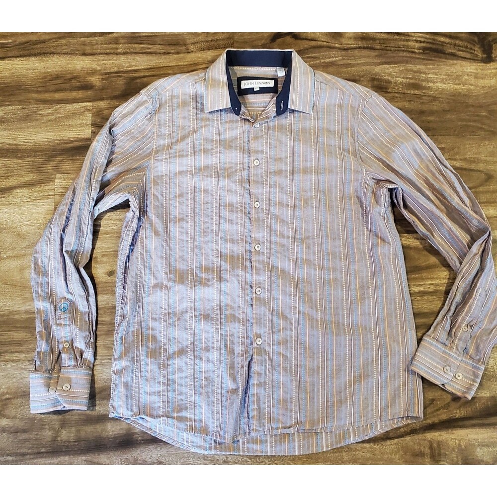 John Lennon Men's XL Button Down Shirt 100% Cotton Striped Tan Blue